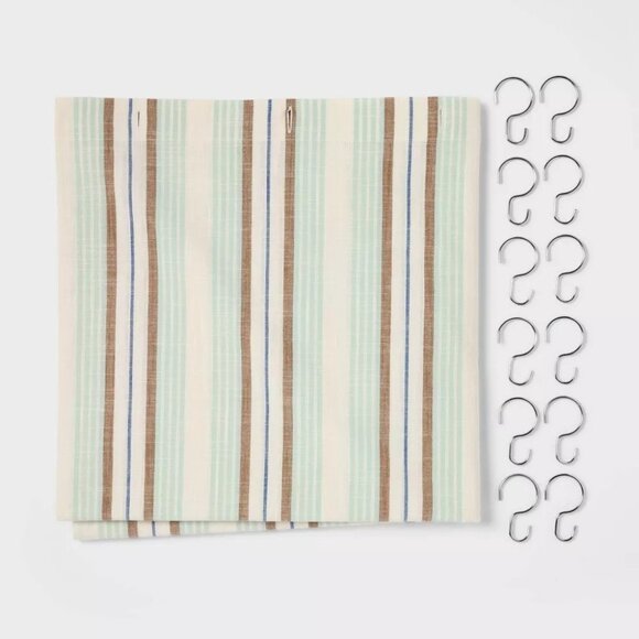 Threshold Coastal Brown & Teal Striped Shower Curtain w 12 Chrome Finish S Hooks - Picture 2 of 7